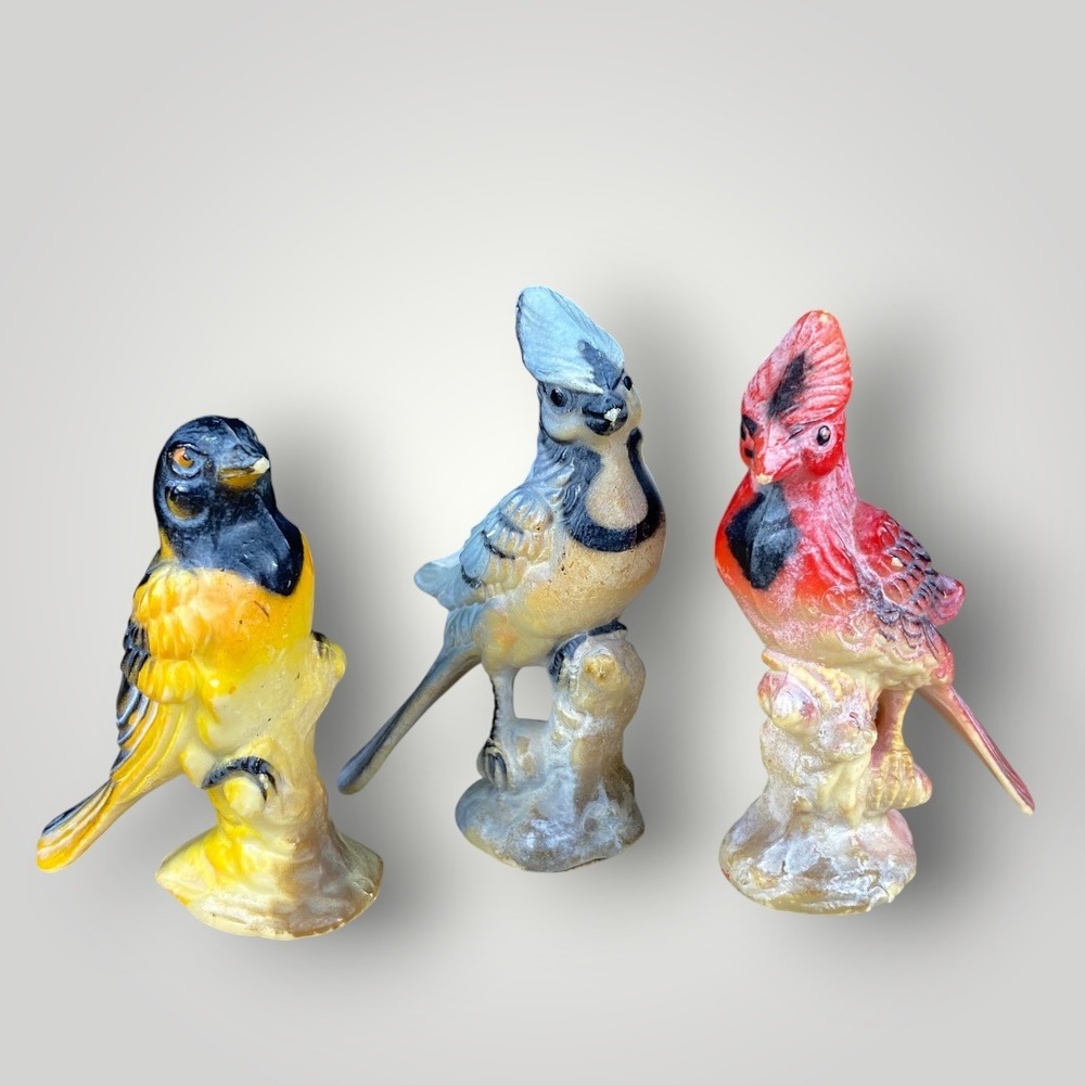 Mid Century 1950s Plastic 3" Bird‎ Figurines Set Japan Cardinal Blue Jay Oriole